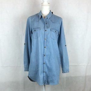 Timing Button Up Denim Collared Top Rollup…